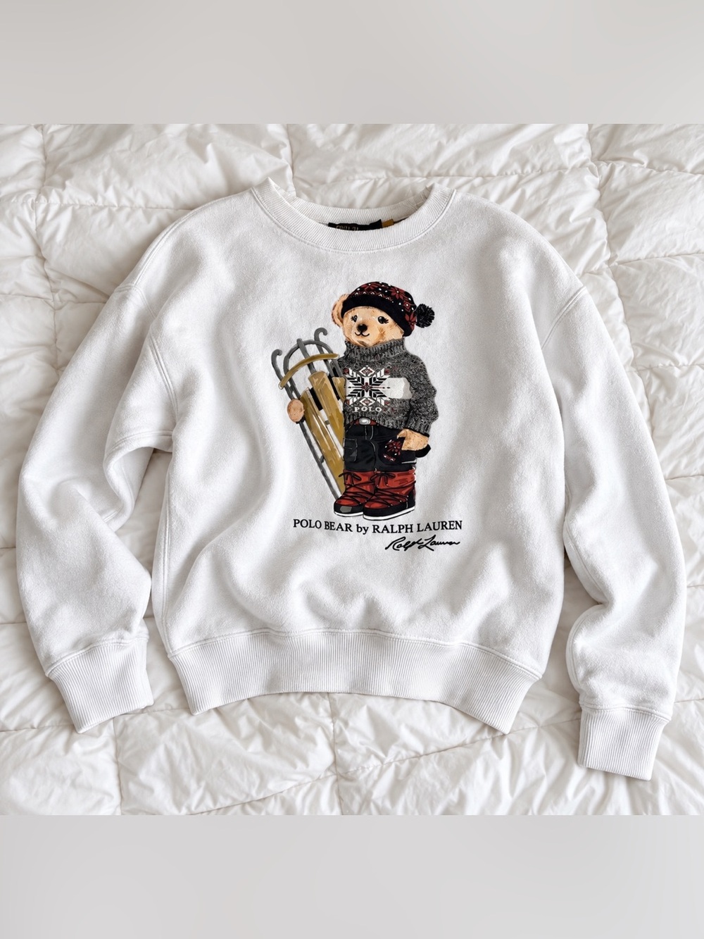 Vintage Ralph Lauren Polo Bear Sled Winter White Sweatshirt XS - Picture 2 of 9